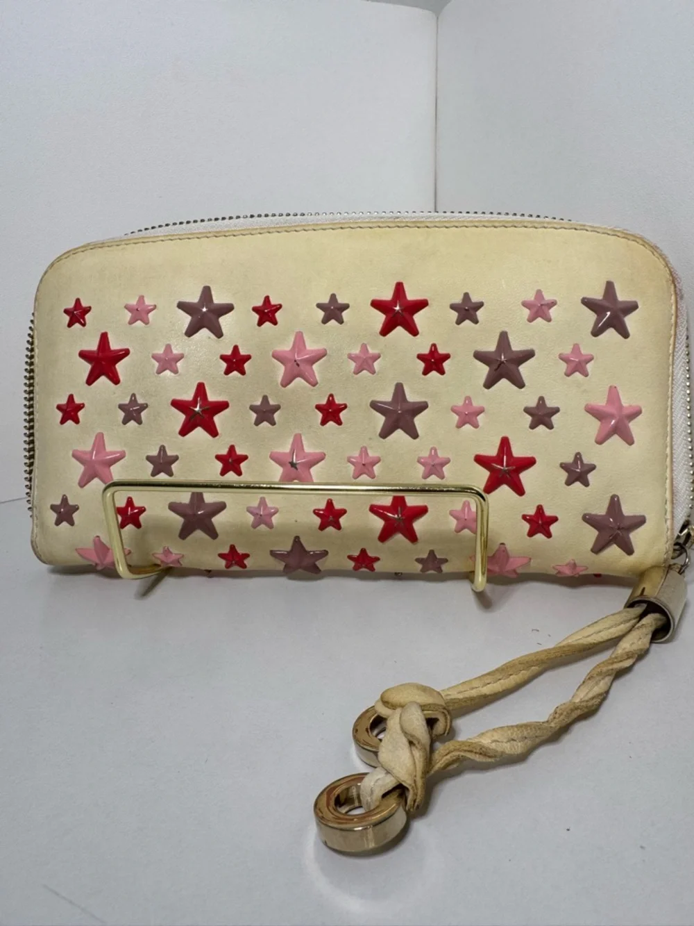 Jimmy Choo Beige Star-Studded Leather Wallet - Pink & Red Stars